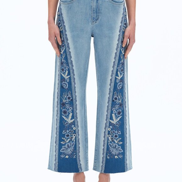 NWT Bayeas Ultra High-Rise Embroidered Wide Leg Patchwork Jeans - Picture 2 of 11